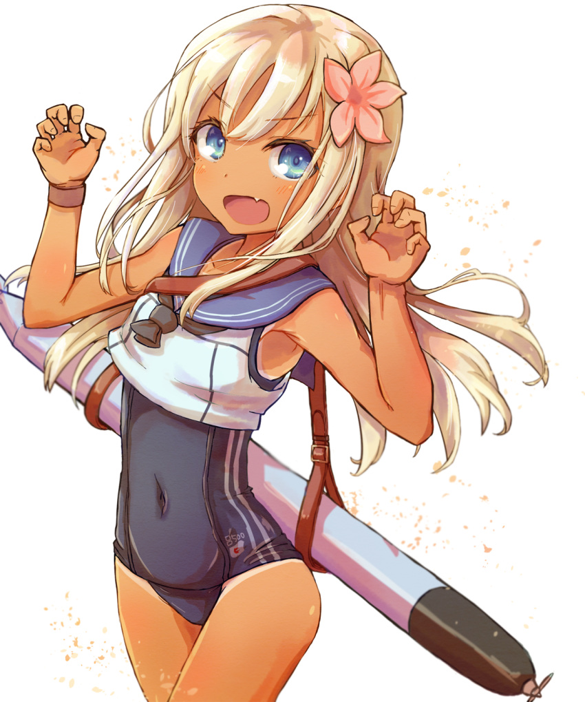 10011018 1girl bangs blonde_hair blue_eyes blush bracelet claw_pose clothes_writing covered_navel crop_top eyebrows_visible_through_hair eyelashes fang flower hair_flower hair_ornament highres jewelry kantai_collection long_hair looking_at_viewer navel one-piece_swimsuit one-piece_tan open_mouth remodel_(kantai_collection) ro-500_(kantai_collection) sailor_collar school_swimsuit school_uniform serafuku simple_background sleeveless solo swimsuit swimsuit_under_clothes tan tanline torpedo white_background