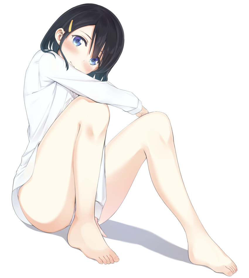 1girl apollo_(hu_maple) bare_legs barefoot black_hair blue_eyes dress_shirt highres naked_shirt original panties pantyshot pantyshot_(sitting) shirt sitting t-shirt thighs toes underwear white_shirt