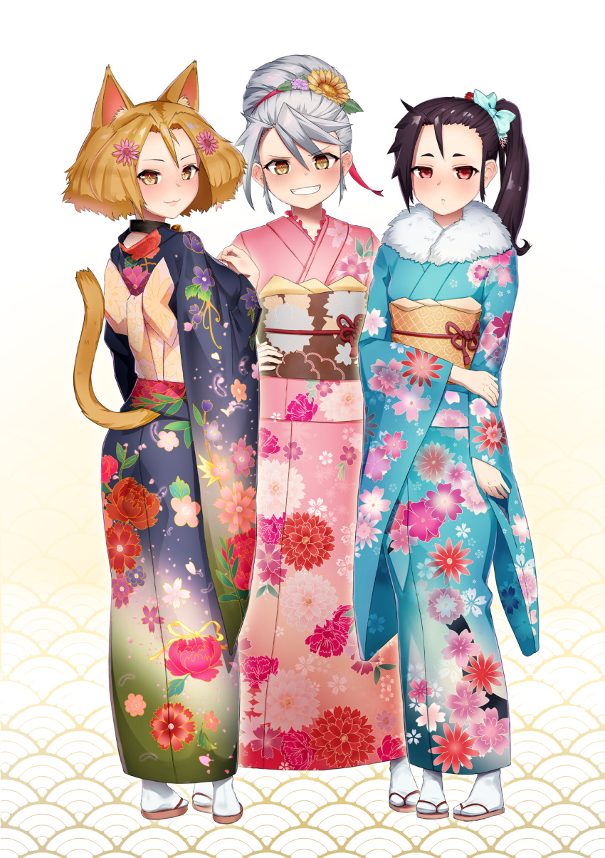 3girls :3 :d animal_ears back_bow bell black_hair black_kimono blue_bow blue_kimono blush bow breasts brown_eyes brown_hair carbon12th cat_ears cat_girl cat_tail closed_mouth collar commentary english_commentary expressionless floral_print flower forehead full_body fur_collar geta grin hair_between_eyes hair_bow hair_bun hair_flower hair_ornament hairband hairclip hand_on_hip hand_on_own_arm hand_on_own_chest highres japanese_clothes jingle_bell kimono legs_apart long_hair long_sleeves looking_at_viewer looking_back medium_breasts multiple_girls obi open_mouth original parted_lips pink_kimono print_kimono red_eyes red_hairband red_ribbon ribbon sash short_hair side_ponytail silver_hair smile standing sunflower_hair_ornament symbol-shaped_pupils tabi tail teeth v-shaped_eyebrows white_legwear wide_sleeves