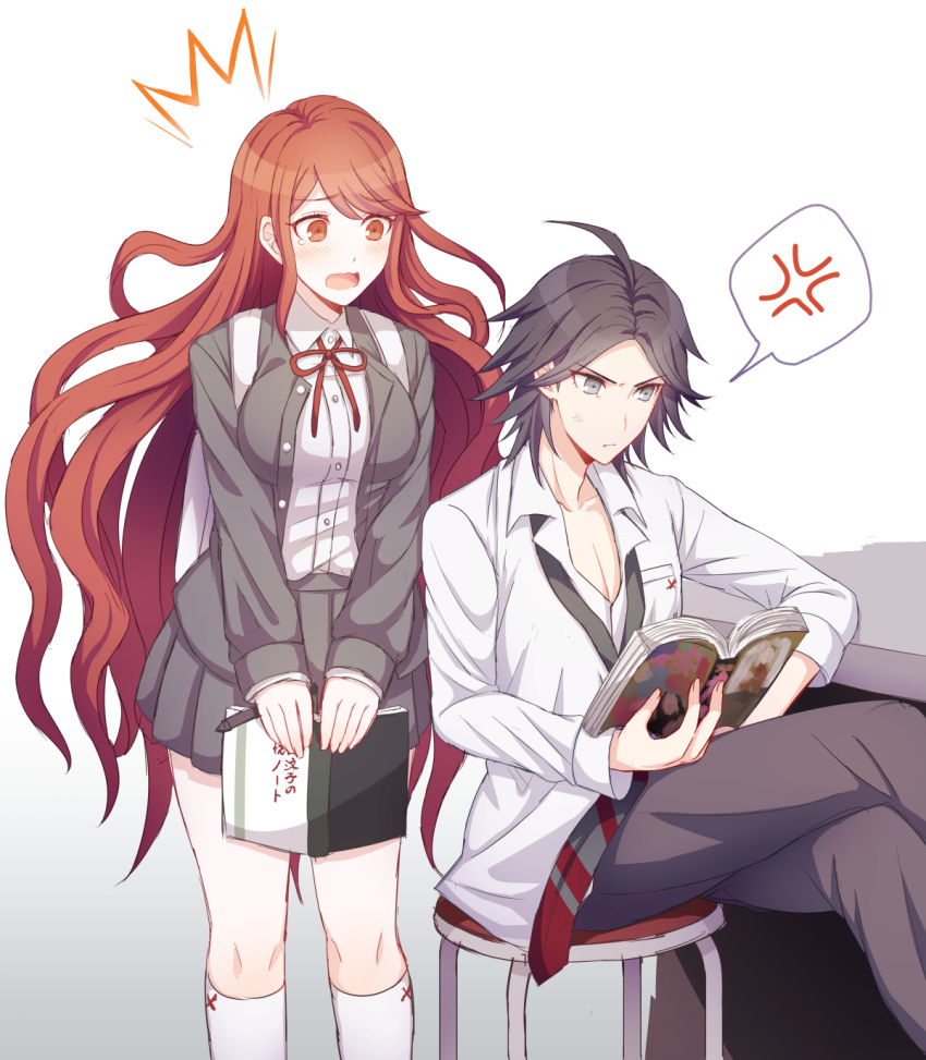 1boy 1girl annoyed azami194 backpack bag bangs black_eyes blush book breasts brown_hair chair commentary_request dangan_ronpa dangan_ronpa/zero eyebrows_visible_through_hair feet_out_of_frame grey_jacket grey_legwear grey_skirt highres holding holding_book jacket large_breasts long_hair looking_at_another matsuda_yasuke miniskirt necktie notebook open_mouth otonashi_ryouko parted_bangs pencil reading red_eyes red_neckwear red_ribbon redhead ribbon short_hair simple_background sitting skirt socks very_long_hair white_legwear