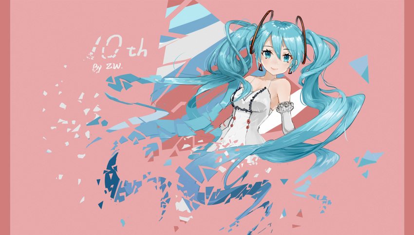 1girl aqua_eyes aqua_hair cropped_torso daidaiko_orange disintegration earrings elbow_gloves eyebrows_visible_through_hair gloves hair_between_eyes hatsune_miku highres jewelry long_hair looking_at_viewer signature smile solo triangle_earrings twintails upper_body very_long_hair vocaloid white_gloves
