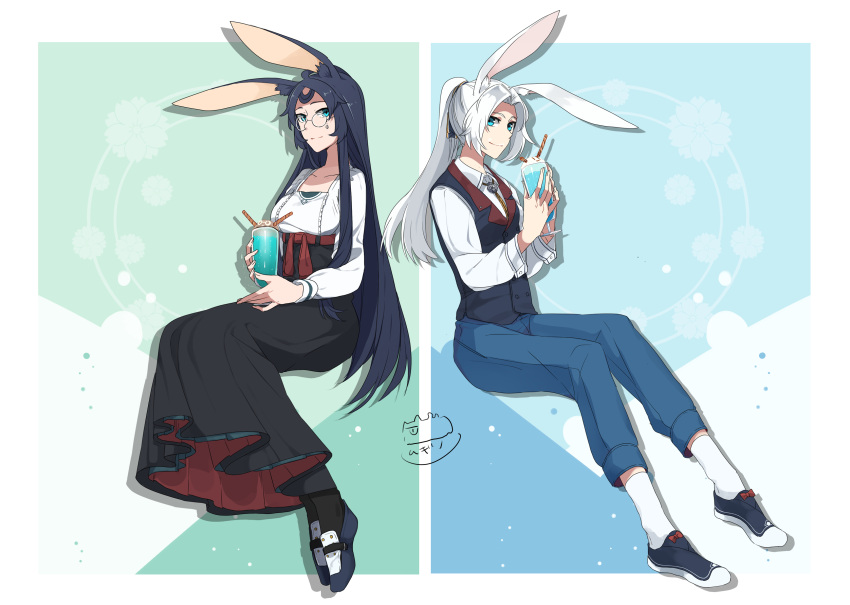 2girls absurdres animal_ears azur_lane black_dress black_legwear blue_eyes blue_footwear blue_hair blue_vest bolo_tie collarbone contemporary dress food glasses highres hiryuu_(azur_lane) ice_cream ice_cream_float long_hair long_sleeves looking_at_viewer mugino_kouji multiple_girls ponytail rabbit_ears shirt signature sitting smile souryuu_(azur_lane) vest white_hair white_legwear white_shirt