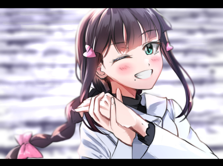 1girl bangs blurry blurry_background blush bow braid brown_hair commentary_request depth_of_field eyebrows_visible_through_hair fingernails green_eyes grin hair_bow hands_up head_tilt highres jacket kurosawa_dia letterboxed long_hair long_sleeves love_live! love_live!_sunshine!! mole mole_under_eye one_eye_closed own_hands_together pink_bow shaka_(staito0515) sidelocks single_braid smile solo upper_body white_jacket