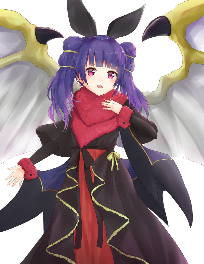 1girl alternate_costume animal_ears black_dress blush commentary_request dragon_girl dragon_wings dress fire_emblem fire_emblem:_seima_no_kouseki fire_emblem_heroes highres kosode_(syakoto) long_dress looking_at_viewer mamkute multi-tied_hair myrrh nintendo open_mouth purple_hair rabbit_ears solo twintails violet_eyes white_background wings