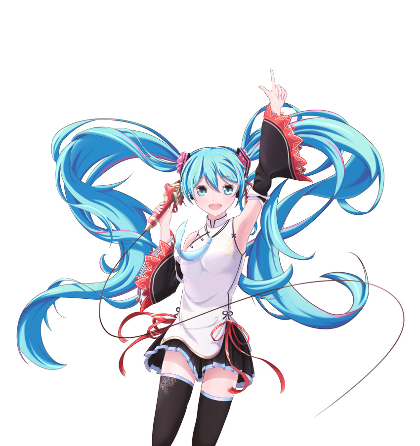 1girl :d absurdres arm_up armpits black_legwear black_skirt black_sleeves blue_hair detached_sleeves eyebrows_visible_through_hair floating_hair green_eyes hair_between_eyes hatsune_miku highres holding holding_microphone index_finger_raised lgnzh long_hair long_sleeves looking_at_viewer microphone miniskirt open_mouth pleated_skirt red_ribbon ribbon shirt simple_background skirt sleeveless sleeveless_shirt smile solo standing thigh-highs twintails very_long_hair vocaloid white_background white_shirt wide_sleeves zettai_ryouiki