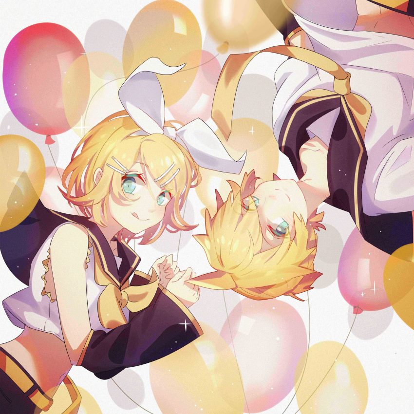 1boy 1girl :p absurdres balloon belly_peek belt blonde_hair blue_eyes brother_and_sister chi_ya detached_sleeves eyebrows_visible_through_hair eyes_visible_through_hair grey_background hair_ribbon happy highres kagamine_len kagamine_rin looking_at_viewer navel necktie ribbon sailor_collar shirt short_hair siblings simple_background smile sparkle tongue tongue_out twins upside-down vocaloid white_ribbon white_shirt yellow_neckwear yellow_ribbon