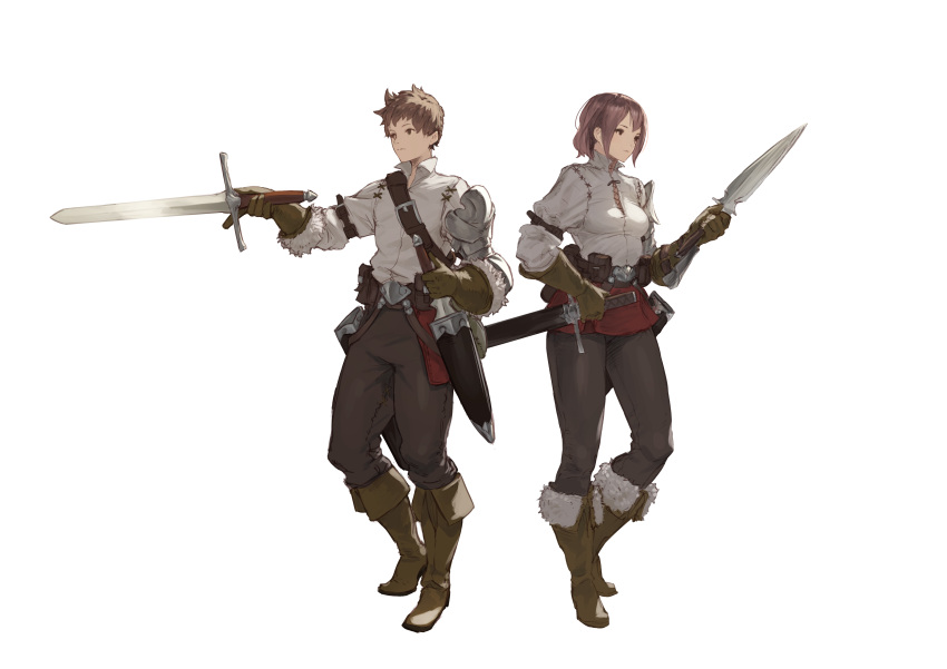 1boy 1girl absurdres armor boots brown_hair commentary fantasy full_body fur_trim gloves highres holding holding_sword holding_weapon original scabbard sheath sheathed short_hair sonech sword weapon white_background