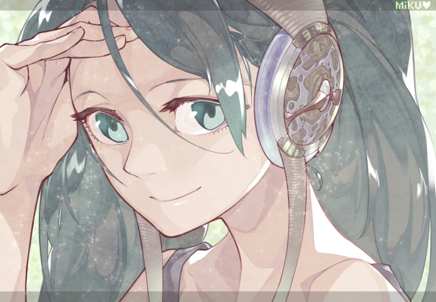 1girl bangs blue_eyes blue_hair border character_name close-up eyelashes face fingernails gradient gradient_background grey_background grey_border hair_between_eyes hand_on_own_face happy hatsune_miku headphones heart letterboxed long_hair looking_at_viewer seyana simple_background smile solo upper_body vocaloid white_background