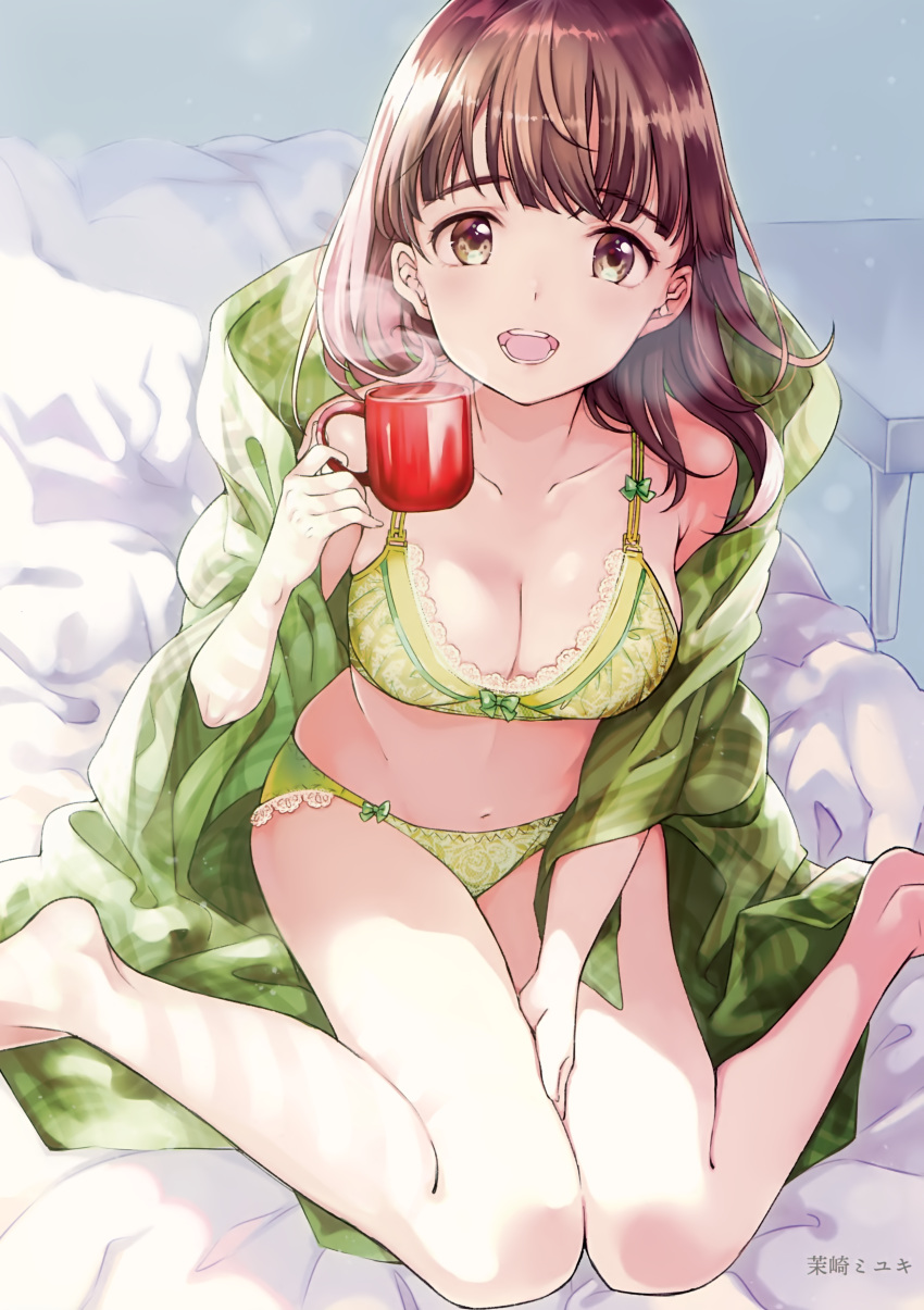 1girl absurdres artist_name bangs bare_legs bare_shoulders bed_sheet bow bow_bra bow_panties bra breasts brown_eyes brown_hair cleavage coffee_cup collarbone cup disposable_cup fingernails green_bra green_panties highres holding indoors looking_at_viewer matsuzaki_miyuki medium_breasts melonbooks navel open_mouth panties scan shiny shiny_hair shiny_skin sitting smile solo steam table underwear wariza
