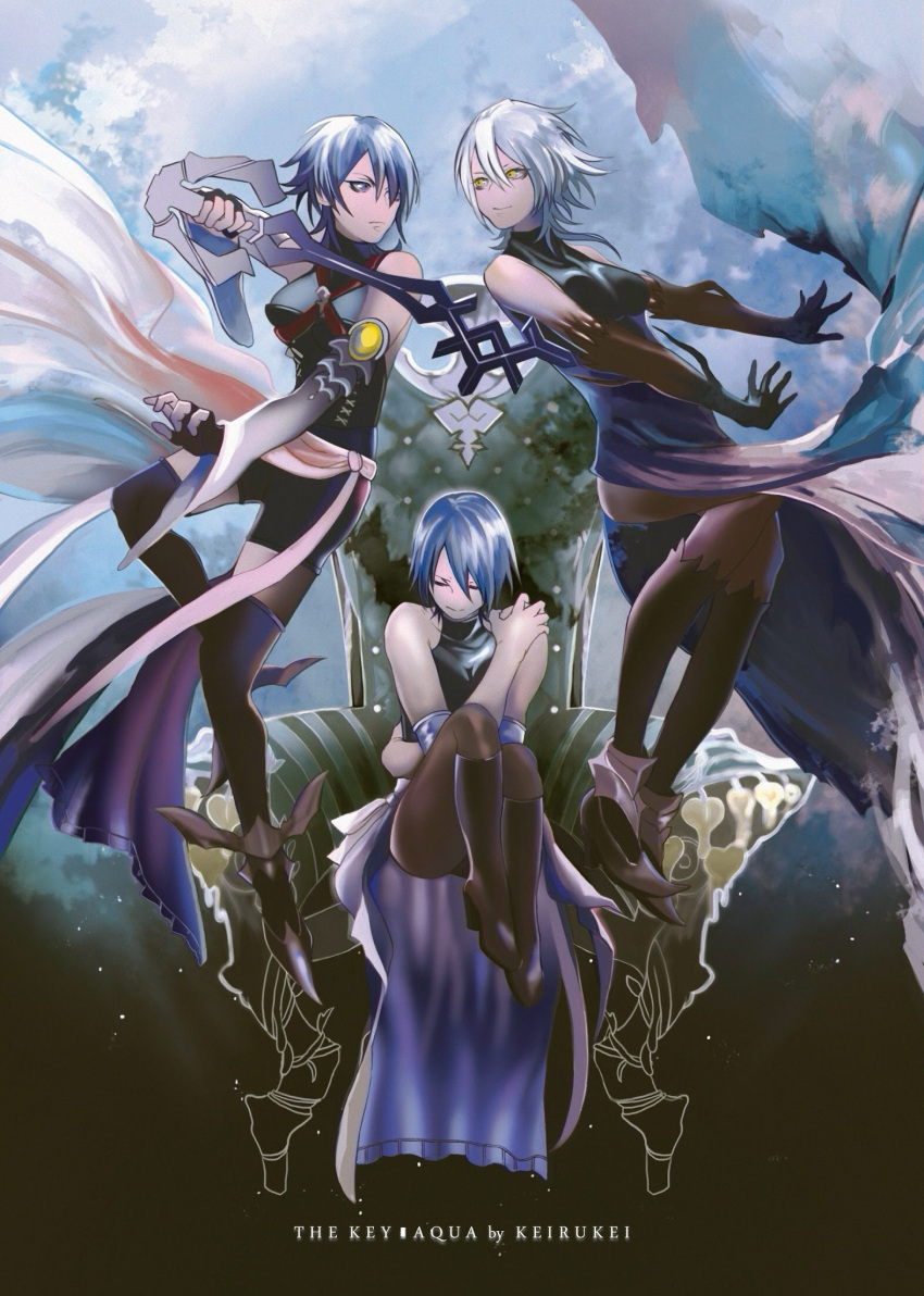 adapted_costume aqua_(kingdom_hearts) armor artist_name blue_eyes blue_hair closed_eyes dark_background detached_sleeves dress eye_contact highres keirukei keyblade kingdom_hearts kingdom_hearts_birth_by_sleep kingdom_hearts_iii looking_at_another multiple_persona outstretched_arms pantyhose short_hair short_shorts shorts silver_hair sitting sleeveless thigh-highs yellow_eyes