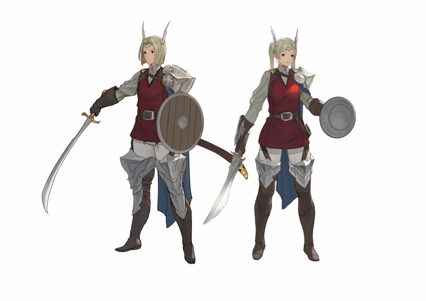1boy 1girl absurdres armor belt blonde_hair boots buckler fantasy full_body highres holding holding_sword holding_weapon original saber_(weapon) shield sonech sword thigh-highs thigh_boots twintails weapon white_background