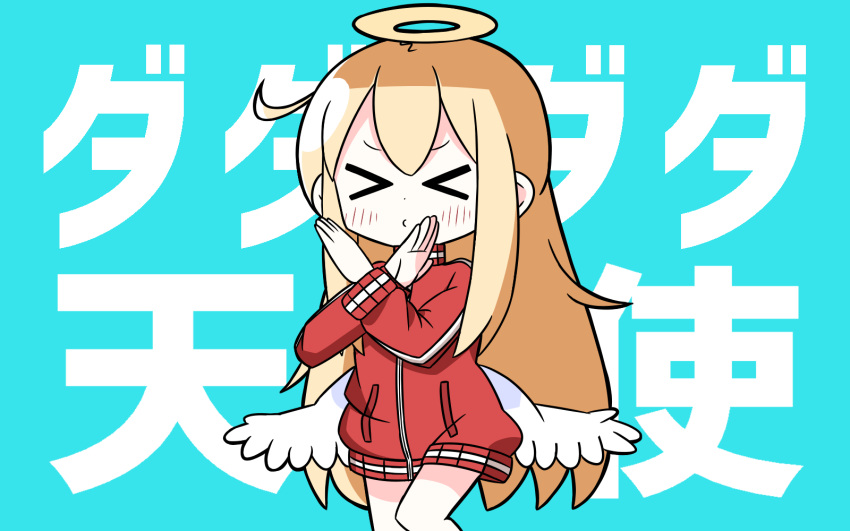 &gt;_&lt; 1girl :&gt; angel_wings background_text bangs blonde_hair blush closed_eyes closed_mouth eyebrows_visible_through_hair facing_viewer gabriel_dropout hair_between_eyes halo hana_kazari highres jacket long_hair long_sleeves low_wings red_jacket solo tenma_gabriel_white track_jacket translated v-shaped_eyebrows very_long_hair white_wings wings x_arms