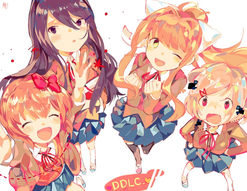 4girls amakawatamawono blush bow closed_eyes doki_doki_literature_club from_above green_eyes hair_bow hands_on_hips hands_up long_hair monika_(doki_doki_literature_club) multiple_girls natsuki_(doki_doki_literature_club) neck_ribbon one_eye_closed open_mouth pink_eyes pink_hair pleated_skirt purple_hair red_bow red_ribbon ribbon sayori_(doki_doki_literature_club) school_uniform shoes short_hair skirt socks uwabaki violet_eyes wavy_mouth white_bow white_ribbon yuri_(doki_doki_literature_club)