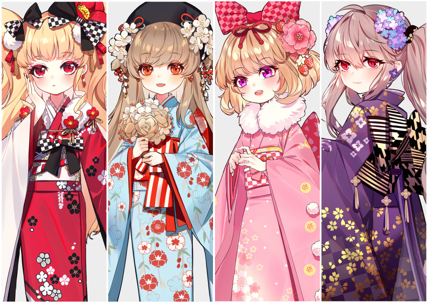 4girls :d ahoge bangs baocaizi beret black_bow black_hat black_nails blonde_hair blue_flower blue_kimono blush bow brown_flower brown_hair brown_rose checkered checkered_bow commentary_request earrings eyebrows_visible_through_hair fingernails floral_print flower flower_earrings food_themed_hair_ornament fur_collar grey_background hair_between_eyes hair_bobbles hair_bow hair_flower hair_ornament hand_up hat head_tilt highres holding holding_flower japanese_clothes jewelry kimono light_brown_hair long_hair long_sleeves looking_at_viewer looking_to_the_side multicolored multicolored_nails multiple_girls nail_polish obi open_mouth original parted_lips pinching_sleeves pink_bow pink_flower pink_kimono print_kimono purple_flower purple_kimono purple_nails red_eyes red_flower red_kimono red_nails round_teeth sash sleeves_past_wrists smile strawberry_hair_ornament teeth twintails upper_teeth very_long_hair violet_eyes white_flower white_legwear wide_sleeves