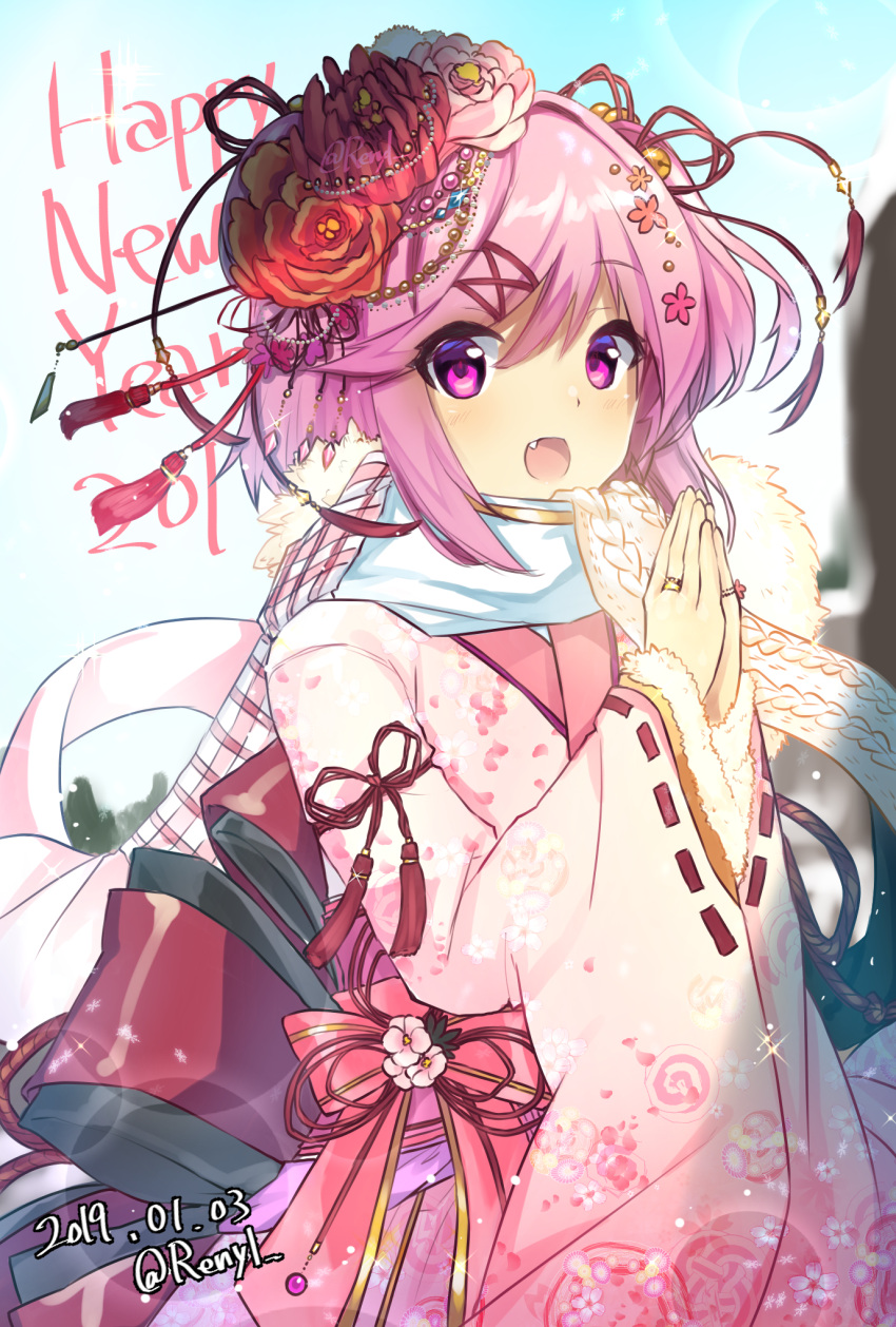 1girl blush doki_doki_literature_club fang flower hair_flower hair_ornament hair_ribbon hands_together highres japanese_clothes kimono natsuki_(doki_doki_literature_club) open_mouth pink_eyes pink_flower pink_hair pink_ribbon red_flower red_ribbon ribbon sash scarf sea_scorpion_(umisasori)