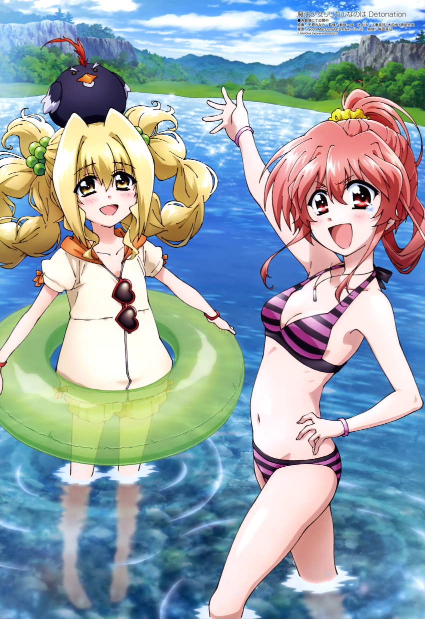 2girls :d absurdres animal animal_on_head bare_shoulders bikini bird bird_on_head black_bow blonde_hair blue_sky blush bow bow_bikini bracelet breasts clouds cloudy_sky collarbone creature_on_head day eyebrows_visible_through_hair eyes_visible_through_hair fingernails green_eyes green_innertube hair_between_eyes hair_bobbles hair_ornament hair_scrunchie hairstyle_request hand_on_hip heart heart-shaped_eyewear highres hirahara_minami holding holding_innertube innertube iris_(nanoha) jacket jewelry lake long_hair looking_at_viewer lyrical_nanoha magazine_scan mahou_shoujo_lyrical_nanoha_detonation megami mountain multiple_girls navel necklace official_art on_head open_mouth outdoors pigeon-toed pink_hair ponytail presenting red-framed_eyewear red_eyes rock scan scrunchie shiny shiny_hair shorts sky small_breasts smile sparkle standing strap_gap striped striped_bikini swimsuit tears tongue tree wading white_jacket yellow_eyes yellow_scrunchie yellow_shorts yuri_eberwein