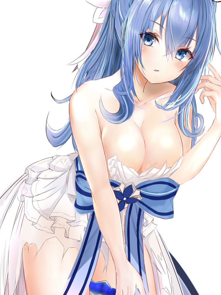 1girl absurdres bangs bare_arms bare_shoulders blue_eyes blue_hair blue_ribbon blush breasts cleavage collarbone cowboy_shot dress eyebrows_visible_through_hair frilled_dress frills granblue_fantasy hair_between_eyes hair_ribbon hand_up head_tilt highres large_breasts leaning_forward long_hair looking_at_viewer parted_lips ponytail ria_(riarea00) ribbon sidelocks simple_background solo standing therese_(granblue_fantasy) torn_clothes torn_dress white_background white_dress white_ribbon