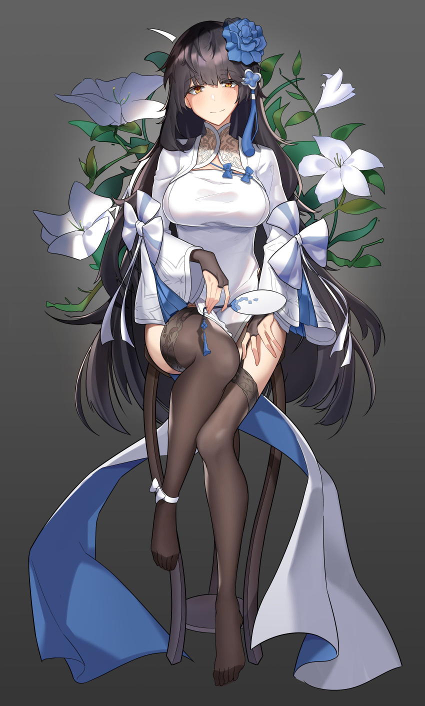 1girl absurdres alternate_costume ankle_ribbon bangs black_hair black_legwear blue_flower blush breasts bridal_gauntlets china_dress chinese_clothes cleavage closed_mouth commentary_request dress eyebrows_visible_through_hair fan flower full_body garter_straps girls_frontline gloves hair_flower hair_ornament hairband highres holding holding_fan jacket large_breasts long_hair long_sleeves looking_at_viewer no_shoes orn paper_fan qbz-95_(girls_frontline) ribbon shrug_(clothing) sidelocks sitting smile solo thigh-highs uchiwa very_long_hair white_dress white_flower white_gloves white_hairband white_jacket white_ribbon white_sleeves yellow_eyes