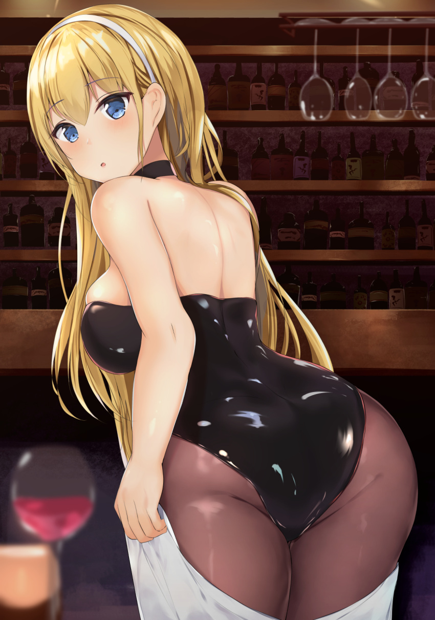 1girl ass azur_lane back bar bare_shoulders black_legwear blonde_hair blue_eyes blush bottle breasts choker cowboy_shot cup drinking_glass eyebrows_visible_through_hair from_behind hairband highres houraku latex_bodysuit long_hair looking_at_viewer looking_back medium_breasts north_carolina_(azur_lane) open_mouth pantyhose shiny shiny_clothes sideboob skin_tight skindentation sleeveless solo straight_hair wine_bottle wine_glass