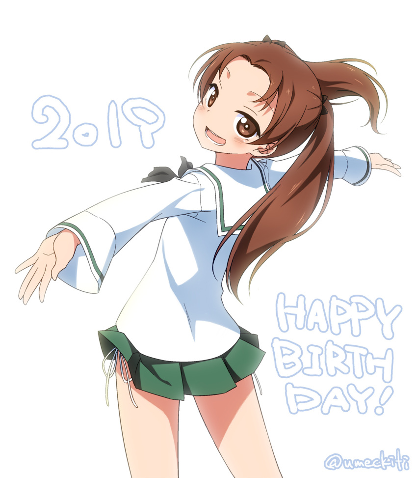 1girl 2019 brown_eyes brown_hair from_behind girls_und_panzer green_skirt happy_birthday highres kadotani_anzu long_hair looking_back miniskirt open_mouth outstretched_arms panties school_uniform shirt side-tie_panties simple_background skirt smile solo twintails umekichi underwear white_background white_panties white_shirt wind wind_lift