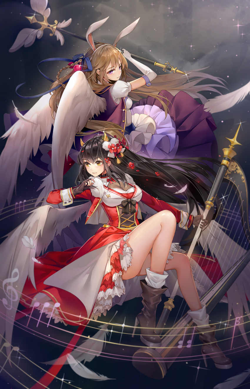 2girls absurdres angel angel_wings animal_ears black_bow black_gloves black_hair blonde_hair blue_bow blue_ribbon boots bow braid breasts cleavage cleavage_cutout elbow_gloves eyebrows_visible_through_hair feathers floating flower gloves hair_flower hair_ornament harp highres holding horns instrument large_breasts long_hair long_sleeves multiple_girls original rabbit_ears ribbon staff very_long_hair violet_eyes white_gloves wings xiao_shi yellow_eyes