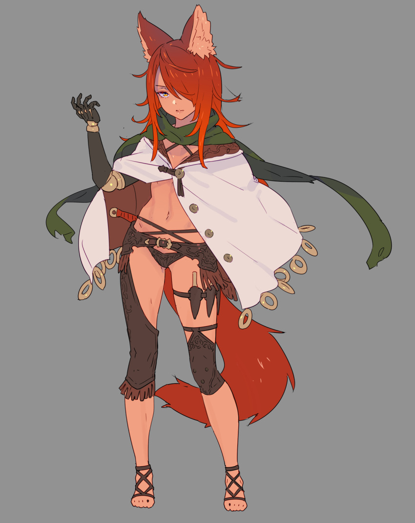 1girl animal_ears belt black_panties capelet closed_mouth contrapposto criss-cross_halter fox_ears fox_tail full_body green_scarf grey_background hair_over_one_eye halterneck hand_up highres knee_pads looking_at_viewer nagisa_kurousagi navel one_eye_covered original panties red_hair redhead sandals scarf simple_background solo standing tail underwear weapon white_cape yellow_eyes