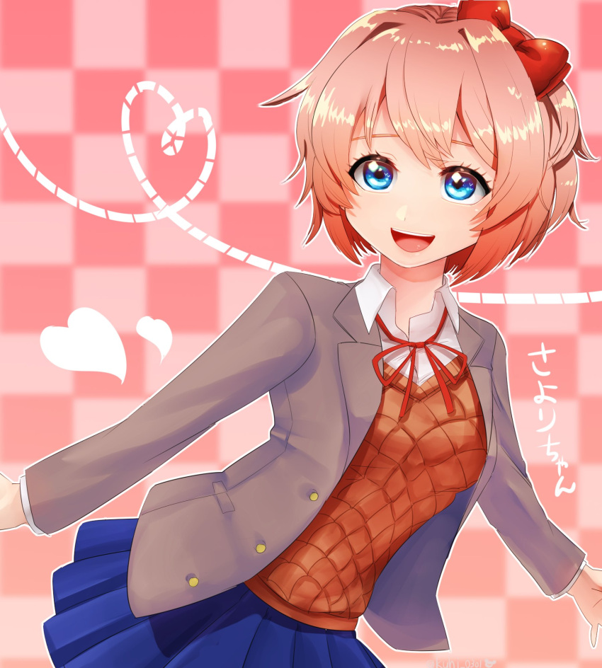 1girl blue_eyes bow collar doki_doki_literature_club hair_bow heart highres hita jacket neck_ribbon open_clothes open_jacket open_mouth pink_background pink_hair pleated_skirt red_bow red_ribbon ribbon sayori_(doki_doki_literature_club) school_uniform short_hair skirt white_collar