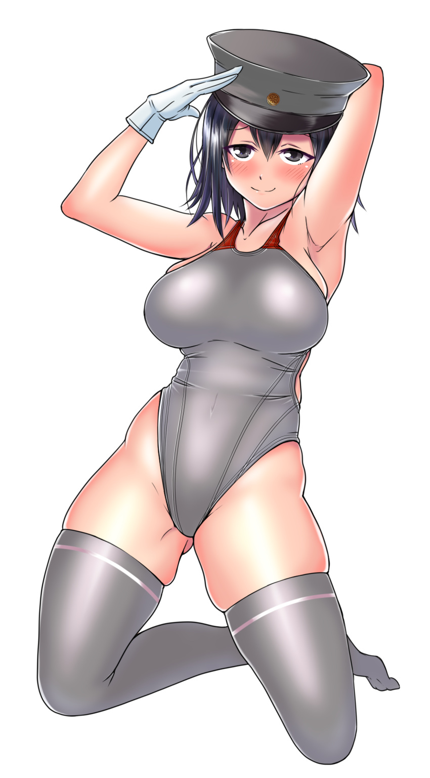 1girl absurdres aiuchi akitsu_maru_(kantai_collection) alternate_costume black_eyes black_hair black_hat breasts closed_mouth competition_swimsuit eyebrows_visible_through_hair gloves grey_legwear grey_swimsuit hair_between_eyes hat highleg highres kantai_collection looking_at_viewer military military_hat military_uniform one-piece_swimsuit peaked_cap short_hair simple_background solo swimsuit thigh-highs uniform white_background white_gloves