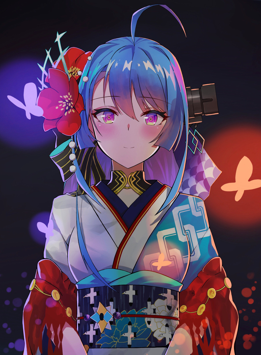 absurdres ahoge azur_lane bangs blue_hair blurry blush bokeh breasts depth_of_field eyebrows_visible_through_hair flower hair_flower hair_ornament hair_ribbon helena_(azur_lane) highres japanese_clothes kimono long_hair looking_at_viewer medium_breasts obi one_side_up ribbon sash septoleaf sidelocks smile upper_body very_long_hair violet_eyes white_kimono