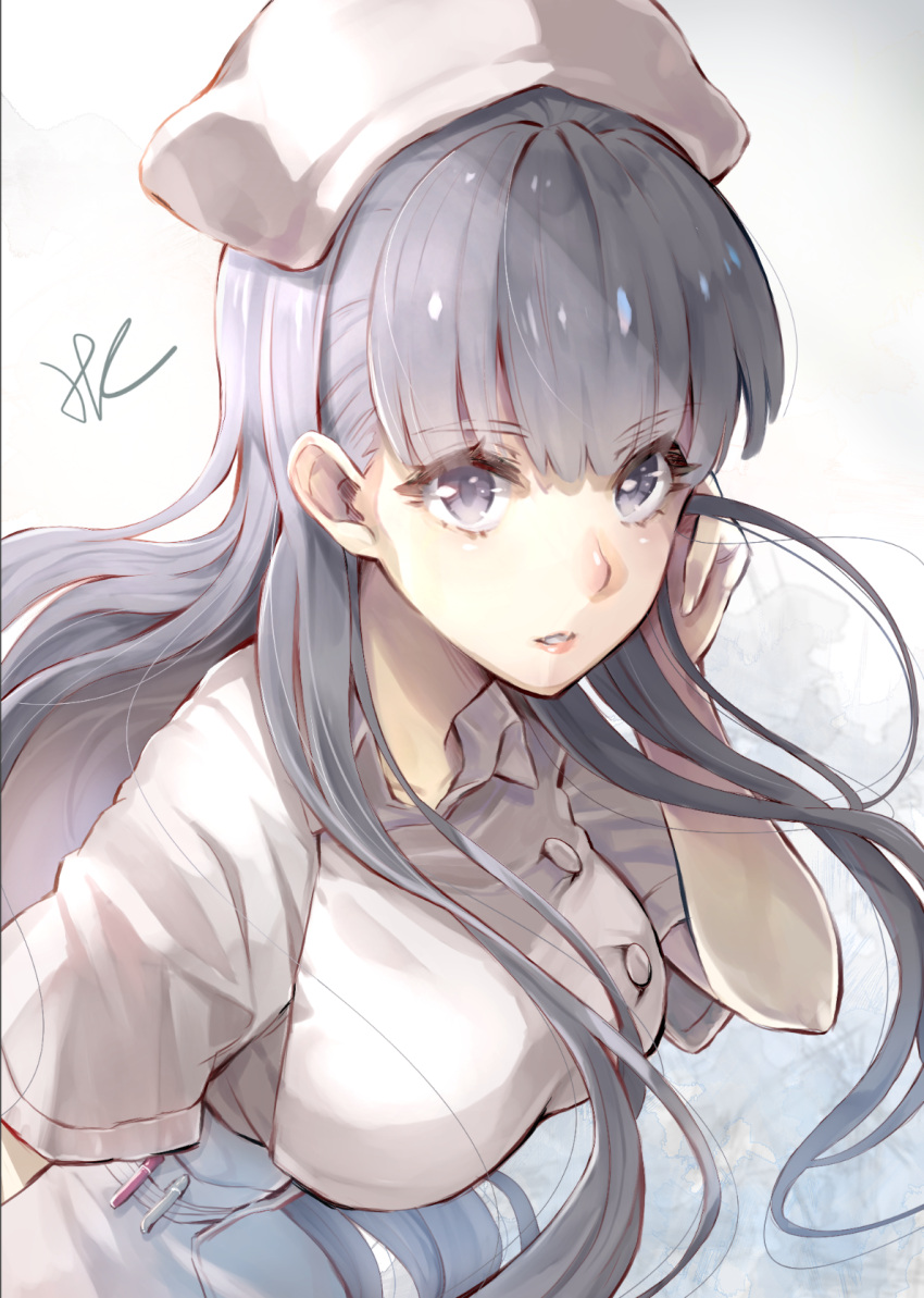 1girl bangs breasts buttons commentary_request eyebrows_visible_through_hair fingernails grey_eyes grey_hair hand_up hat highres hoshizaki_reita large_breasts looking_at_viewer nurse_cap parted_lips shirt signature sinoalice skirt snow_white_(sinoalice) solo white_hat white_shirt white_skirt wing_collar