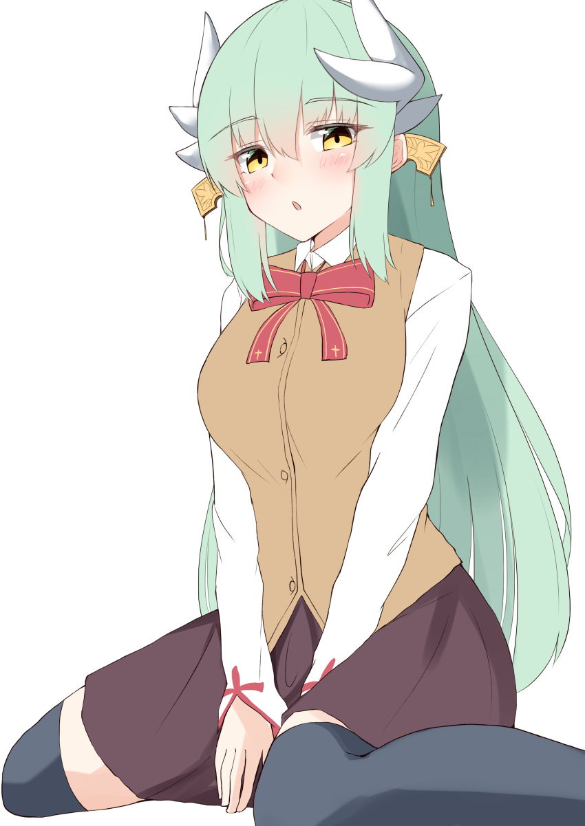 1girl absurdres bangs between_legs black_legwear blush bow breasts brown_eyes brown_skirt brown_vest collared_shirt dragon_horns eyebrows_visible_through_hair fate/grand_order fate_(series) green_hair hair_between_eyes hand_between_legs highres horns kiyohime_(fate/grand_order) large_breasts long_hair long_sleeves moyoron parted_lips red_bow school_uniform shirt simple_background sitting skirt sleeves_past_wrists solo thigh-highs very_long_hair vest wariza white_background white_shirt