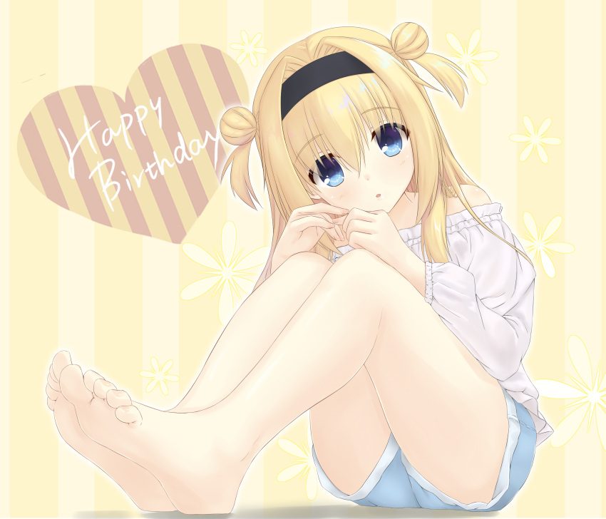 1girl absurdres bare_shoulders barefoot black_hairband blonde_hair blue_eyes blue_shorts casual chitose_sana commentary denim denim_shorts double-parted_bangs double_bun expressionless eyes_visible_through_hair feet fingernails floral_background foreshortening full_body hair_between_eyes hair_bun hair_intakes hairband hands_up happy_birthday heart highres hirocchi knees_up leaning_forward legs legs_together light_blush long_hair long_sleeves looking_at_viewer own_hands_together parted_lips shirt shorts sidelocks simple_background sitting soles solo tenshinranman thighs toenails toes two_side_up white_shirt yellow_background