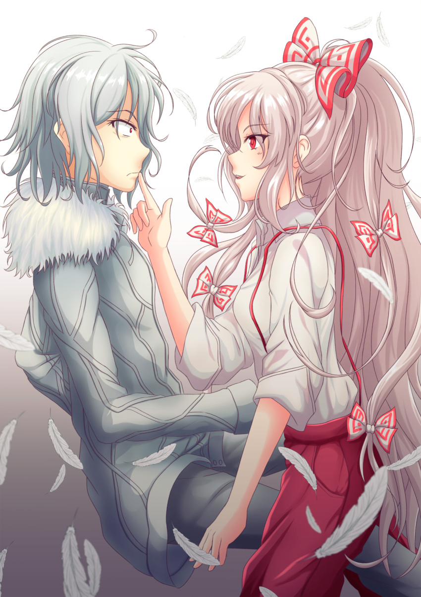 1boy 1girl accelerator black_pants bow breasts commentary constricted_pupils crossover english_commentary eye_contact eyebrows_visible_through_hair feathers finger_to_another's_mouth from_side frown fujiwara_no_mokou fur_collar gradient gradient_background grey_coat hair_bow hetero highres long_hair long_sleeves looking_at_another pants parted_lips ponytail profile red_eyes red_pants sekaianimangart shirt short_hair silver_hair simple_background sitting sleeves_rolled_up small_breasts standing straddling suspenders to_aru_majutsu_no_index touhou very_long_hair white_shirt