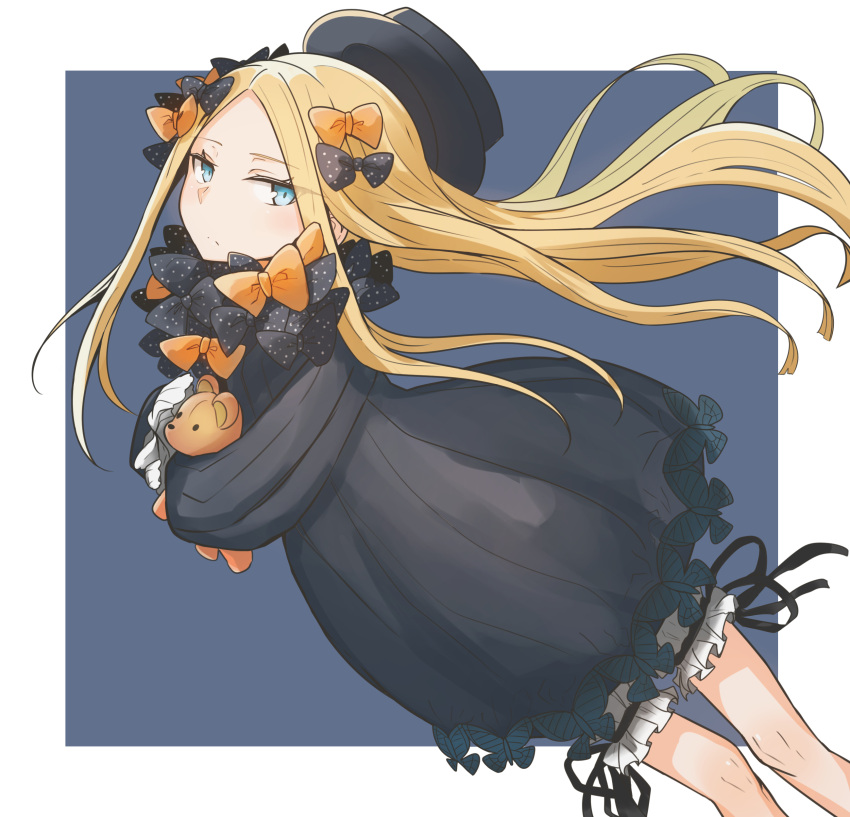 1girl abigail_williams_(fate/grand_order) absurdres bangs black_bow black_dress black_hat blonde_hair bloomers blue_background blue_eyes bow bug butterfly closed_mouth dress eyebrows_visible_through_hair fate/grand_order fate_(series) forehead gin_moku hair_bow hat hat_removed head_tilt headwear_removed highres insect long_hair long_sleeves looking_at_viewer object_hug orange_bow parted_bangs polka_dot polka_dot_bow sleeves_past_fingers sleeves_past_wrists solo stuffed_animal stuffed_toy teddy_bear two-tone_background underwear very_long_hair white_background white_bloomers
