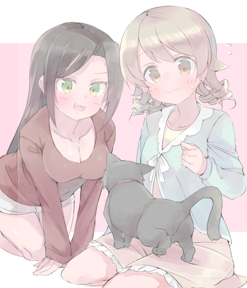 2girls a_mineha absurdres all_fours black_cat black_hair blouse blue_blouse blush breasts brown_eyes cat cleavage collared_blouse commentary cropped_legs dress drill_hair earrings fang flying_sweatdrops green_eyes highres idolmaster idolmaster_cinderella_girls idolmaster_cinderella_girls_starlight_stage jewelry large_breasts leaning_forward light_brown_hair long_hair long_sleeves medium_hair morikubo_nono mukai_takumi multiple_girls pink_background raised_eyebrow ringlets seiza shirt simple_background sitting stud_earrings sweatdrop wavy_mouth yellow_dress
