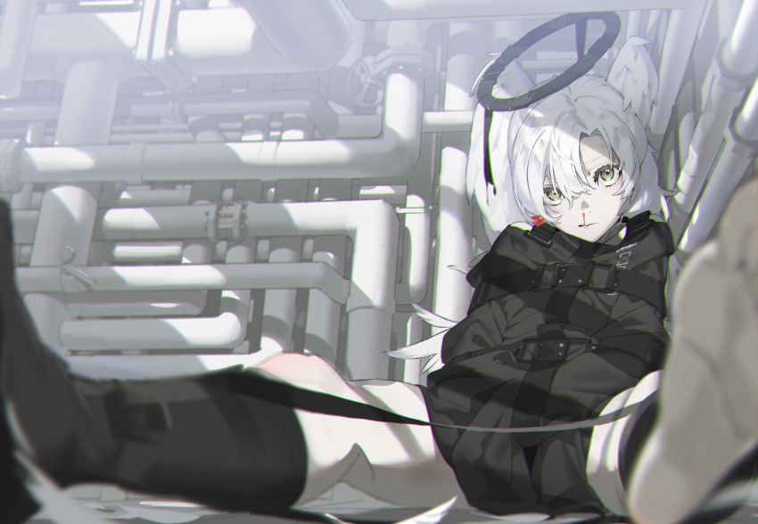 1girl absurdres barefoot blood boots halo head_wings highres looking_at_viewer nosebleed original single_boot sitting solo spread_legs straitjacket white_hair yellow_eyes yoneyama_mai