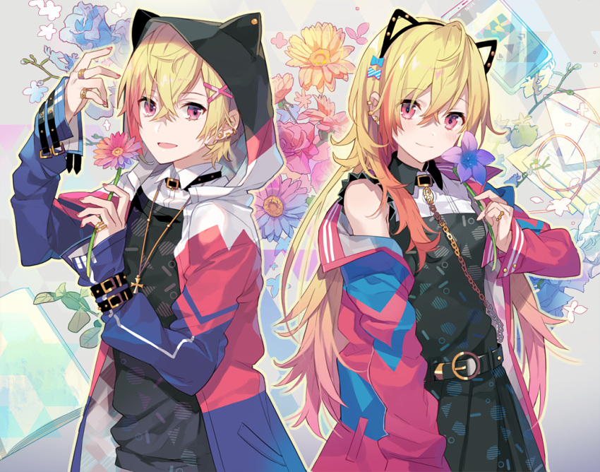 1boy 1girl 96neko :d arm_belt bangs belt belt_collar black_dress blonde_hair blue_flower chains character_request closed_mouth collar copyright_request crossed_bangs dress eihi fingernails flower gradient_hair hair_between_eyes hair_ornament hairclip hand_up holding jacket jewelry long_hair long_sleeves looking_at_viewer multicolored_hair nail_polish off_shoulder open_clothes open_jacket open_mouth pink_eyes pink_flower pink_jacket pink_nails ring smile vocaloid x_hair_ornament