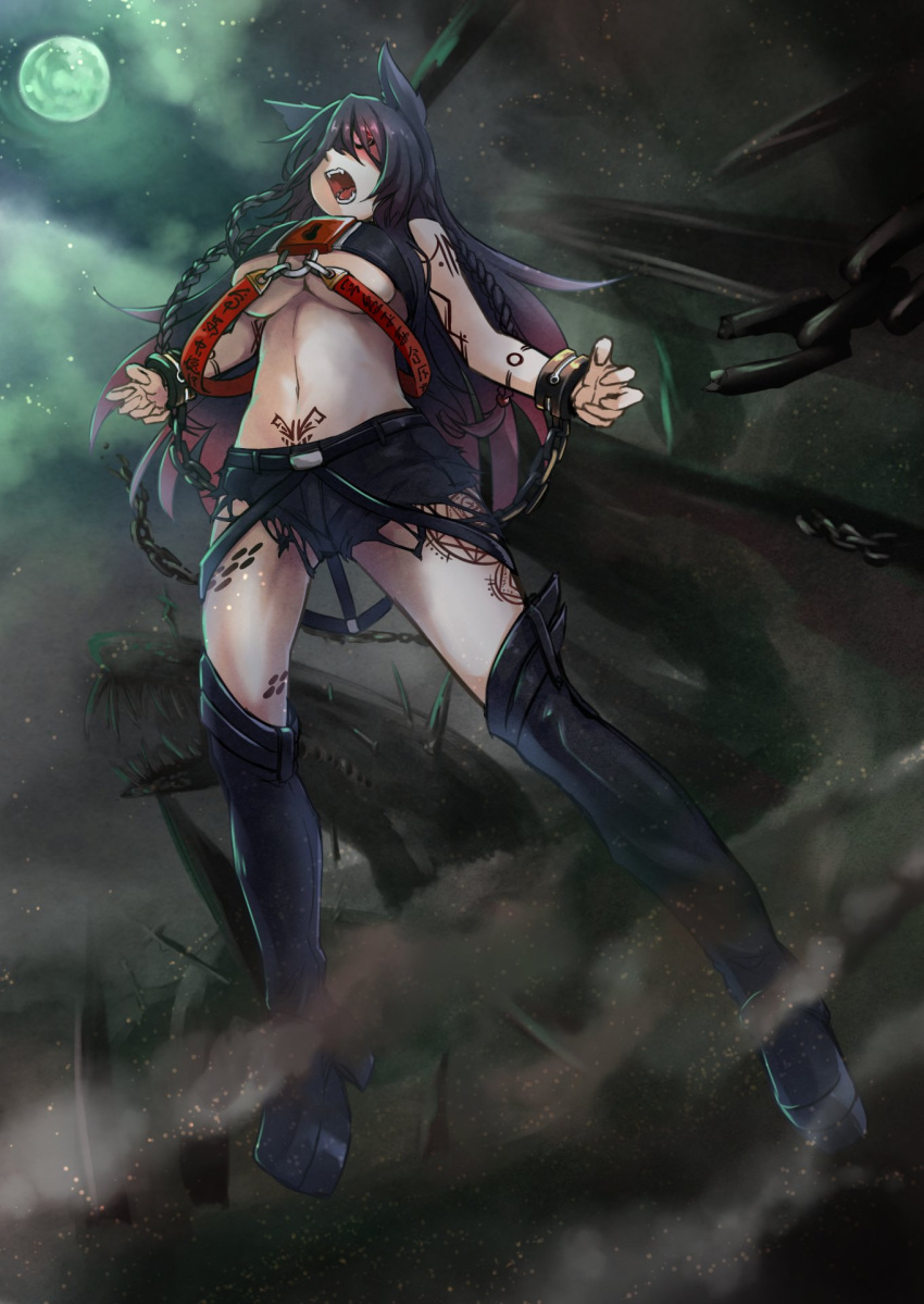 1girl animal_ears arm_tattoo belt black_belt black_bra black_footwear black_hair black_shorts boots bra breasts chain chained chained_wrists chains fangs floating full_moon hair_over_eyes highres image_sample knee_boots large_breasts leg_tattoo long_hair moon navel night night_sky open_mouth original outdoors sakura_inu shorts sky suspenders tagme tattoo torn_clothes twitter_sample under_boob underwear wolf_ears