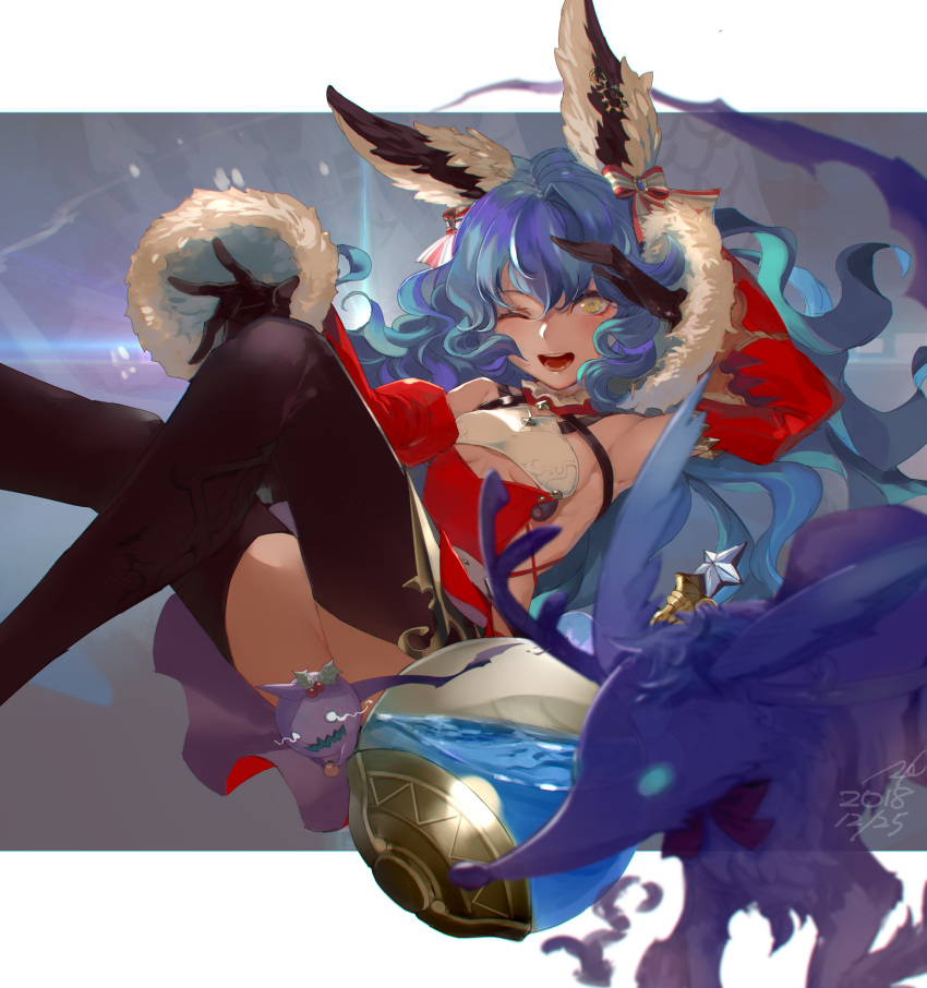1girl :d animal_ears armpit_crease backless_dress backless_outfit bangs bare_shoulders bauble belt black_background black_gloves black_legwear blue_hair blurry_foreground blush bow breasts creature detached_collar detached_sleeves dress earrings erune ferry_(granblue_fantasy) flask floating_hair fur-trimmed_sleeves fur_trim gloves granblue_fantasy hair_bow highres holding hoop_earrings jewelry juliet_sleeves kumonji_aruto leg_up light_particles long_hair long_sleeves looking_at_viewer one_eye_closed open_mouth orange_eyes panties puffy_sleeves red_dress red_footwear santa_costume shoes single_earring small_breasts smile solo striped striped_bow thigh-highs underwear upper_teeth wavy_hair wide_sleeves yellow_eyes