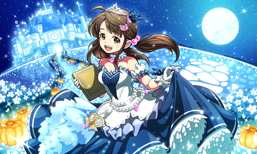 1girl aopanda bear_hair_ornament book brown_eyes brown_hair castle freckles full_moon hair_ornament holding holding_book holding_skirt idolmaster idolmaster_cinderella_girls looking_at_viewer moon okuyama_saori starry_sky_bright