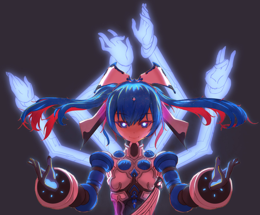 1girl alternate_costume bangs blue_eyes blue_hair bodysuit closed_mouth commentary_request eyebrows_visible_through_hair floating floating_hair glowing glowing_eyes hair_between_eyes hands_up highres humanization long_hair looking_at_viewer multicolored_hair nova_prime_(warframe) redhead simple_background smile solo twintails two-tone_hair warframe yyboo