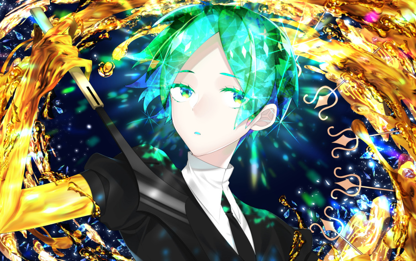 1other androgynous arrow colored_eyelashes crystal_hair gem_uniform_(houseki_no_kuni) gold golden_arms green_eyes green_hair hanata houseki_no_kuni looking_at_viewer necktie phosphophyllite short_hair solo sword upper_body weapon