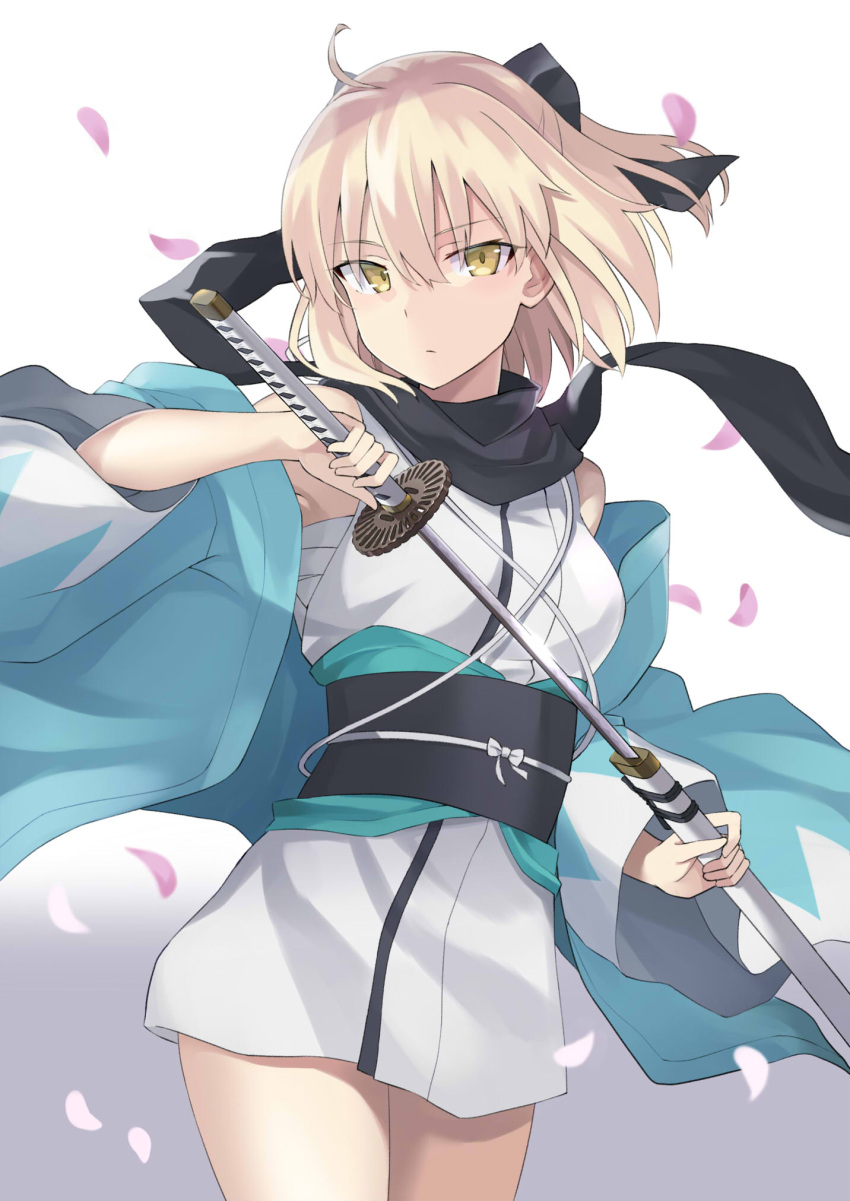 100 1girl black_bow black_legwear black_scarf blonde_hair bow commentary_request eyebrows_visible_through_hair fate_(series) hair_between_eyes hair_bow haori highres holding holding_sheath holding_sword holding_weapon japanese_clothes katana kimono koha-ace obi okita_souji_(fate) okita_souji_(fate)_(all) petals ponytail sash scarf sheath shiny shiny_hair short_hair short_kimono solo sword thigh-highs unsheathed weapon white_kimono yellow_eyes zettai_ryouiki