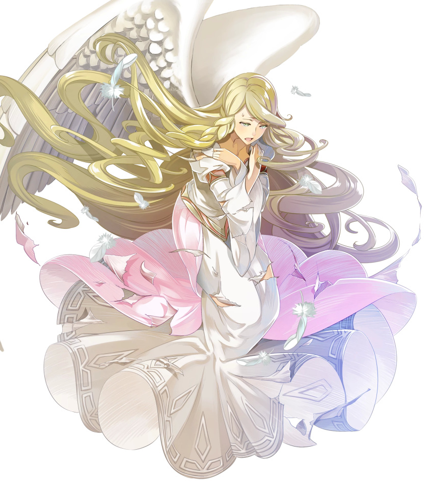 1girl bangs blonde_hair dress feathered_wings feathers fire_emblem fire_emblem:_akatsuki_no_megami fire_emblem_heroes full_body highres leanne long_dress long_hair long_sleeves nintendo official_art open_mouth puffy_sleeves shiny shiny_hair torn_clothes transparent_background very_long_hair white_dress wide_sleeves wings