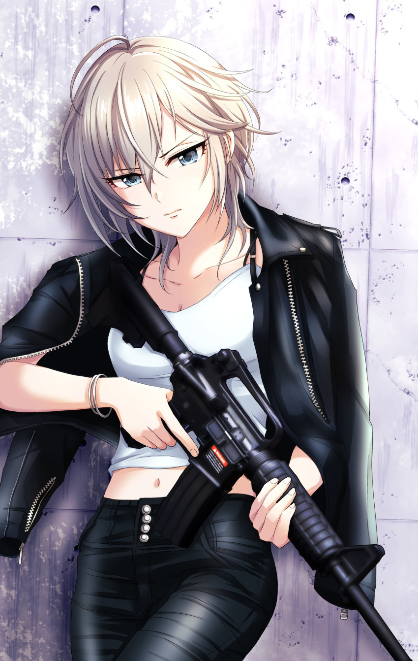 1girl absurdres against_wall air_gun anastasia_(idolmaster) assault_rifle blue_eyes bracelet breasts commentary concrete fingernails gun highres holding holding_gun holding_weapon idolmaster idolmaster_cinderella_girls jacket jacket_on_shoulders jewelry leather leather_jacket leather_pants midriff navel pants popon_ta rifle serious short_hair small_breasts solo tank_top unzipped wall weapon weapon_request white_hair white_tank_top zipper zipper_pull_tab