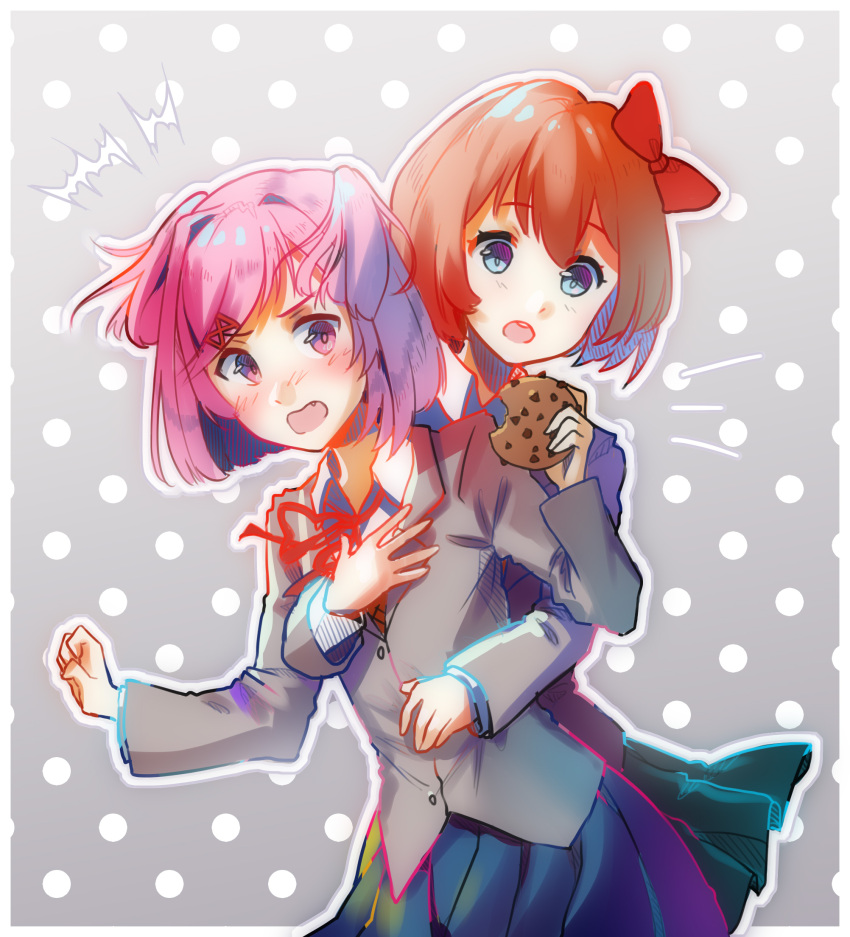 2girls blue_eyes blush bow collar cookie doki_doki_literature_club fang food hair_bow hair_ornament hairclip highres hug hug_from_behind jacket karamee multiple_girls natsuki_(doki_doki_literature_club) neck_ribbon open_mouth orange_hair pink_hair pleated_skirt polka_dot polka_dot_background red_bow red_ribbon ribbon sayori_(doki_doki_literature_club) school_uniform short_hair skirt v-shaped_eyebrows white_collar