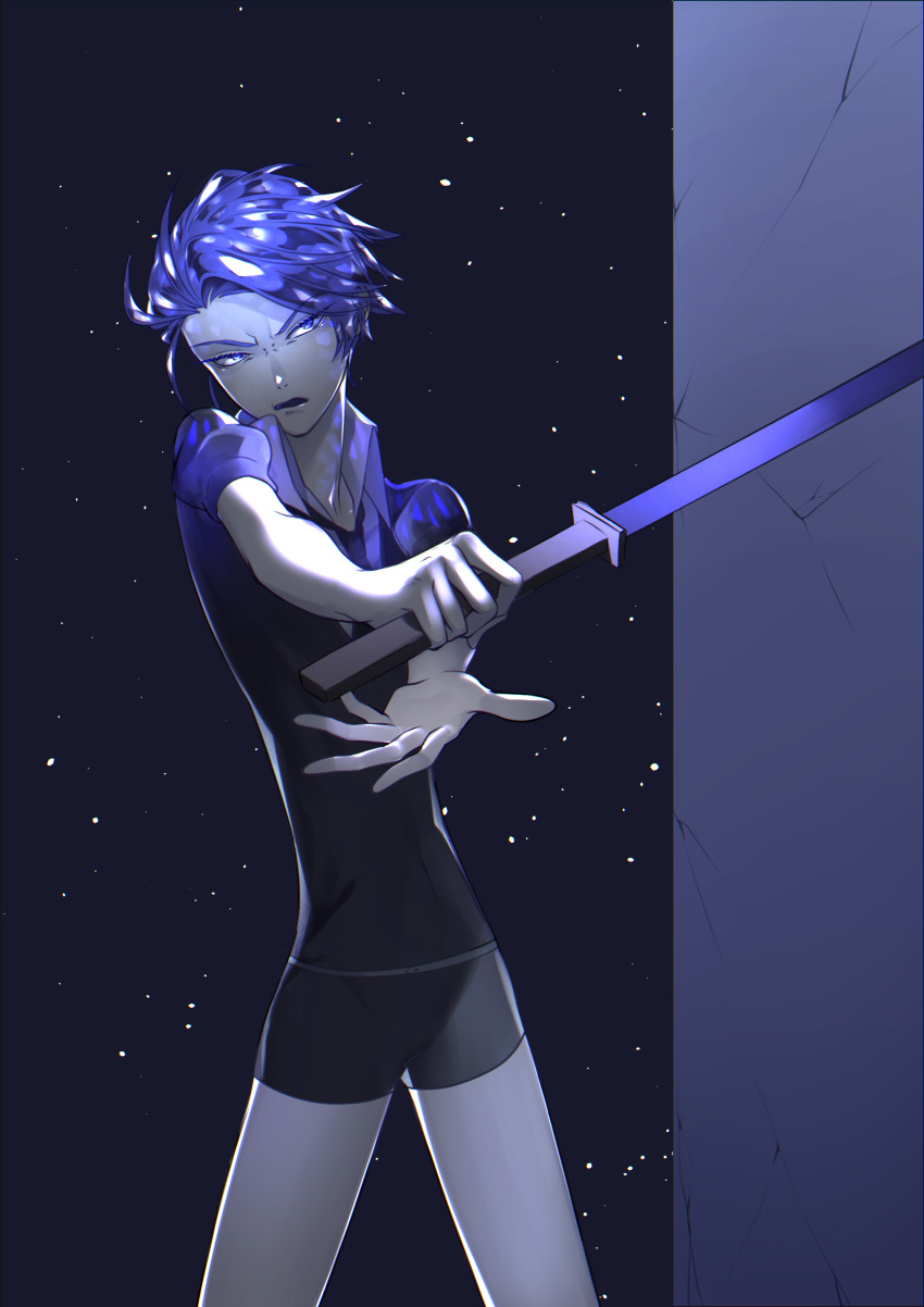 1other absurdres androgynous blue_eyes blue_hair blue_zoisite_(houseki_no_kuni) colored_eyelashes crystal_hair fighting_stance gem_uniform_(houseki_no_kuni) highres houseki_no_kuni looking_at_viewer necktie night scowl short_hair solo sword weapon white_skin