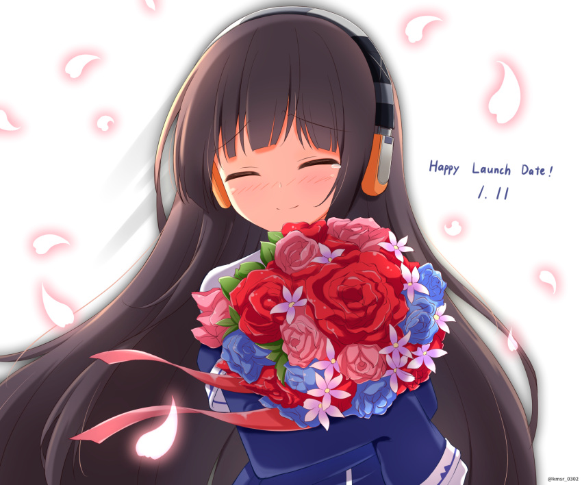 1girl azur_lane bangs blue_flower blue_jacket blue_rose blush bouquet brown_hair closed_eyes closed_mouth commentary_request dated eyebrows_visible_through_hair facing_viewer flower headphones highres jacket kamishiro_(rsg10679) long_hair long_island_(azur_lane) long_sleeves nose_blush petals pink_flower pink_rose purple_flower red_flower red_rose rose sleeves_past_fingers sleeves_past_wrists smile solo tears twitter_username upper_body very_long_hair white_background