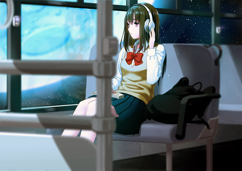 1girl :| backpack backpack_removed bag black_backpack black_hair black_skirt blurry bow brown_eyes brown_sweater_vest bus_interior closed_mouth headphones highres long_sleeves looking_afar moon mueririko original red_bow red_neckwear school_uniform shirt sitting skirt solo space sweater_vest white_shirt