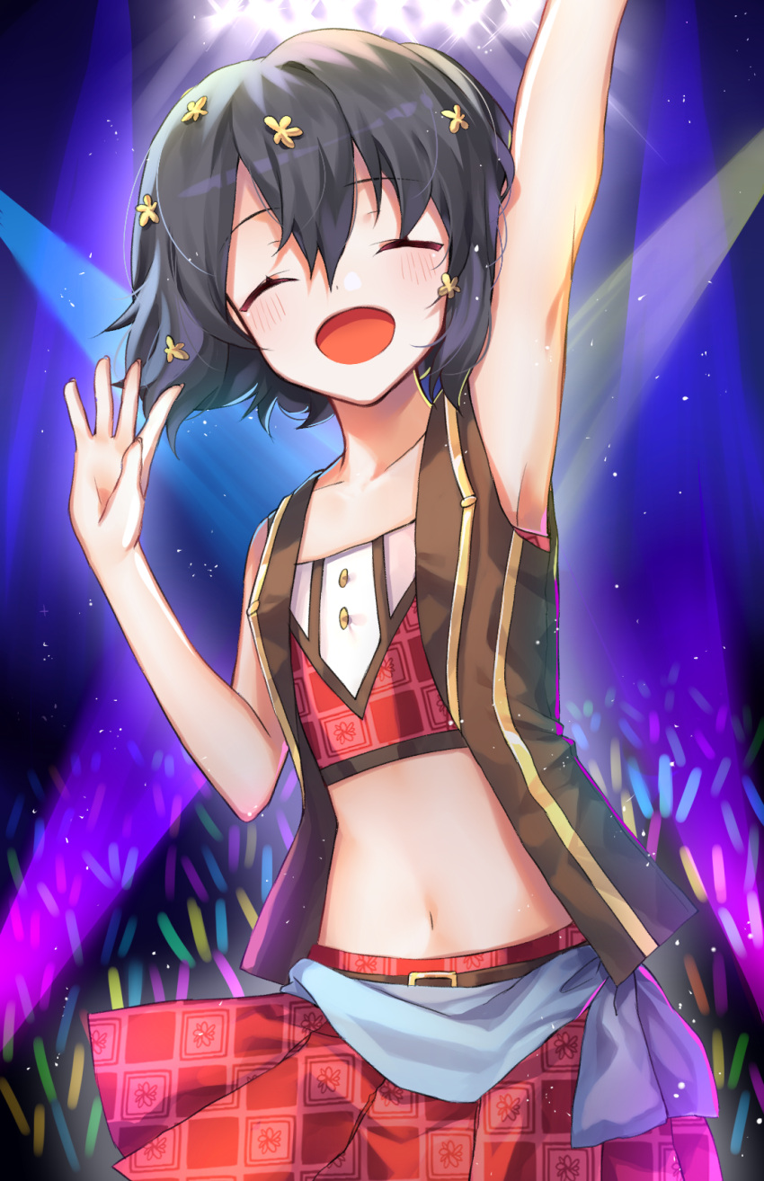 1girl :d ^_^ arm_up armpits bangs bare_arms bare_shoulders belt black_hair black_vest blush cheunes closed_eyes closed_eyes collarbone crop_top facing_viewer flat_chest glowstick gold_trim hair_between_eyes hair_ornament hand_up highres idol light_particles midriff miniskirt mizuno_ai navel open_mouth pleated_skirt red_shirt red_skirt shirt short_hair skirt sleeveless sleeveless_shirt smile solo stage_lights stomach upper_body vest wing_collar zombie_land_saga